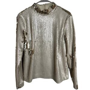 Second Female Gold Champagne Flip Sequin Split Back Mock Neck Blouse Medium